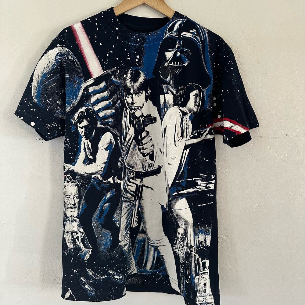 Star Wars All Over Print Blue‎ Short Sleeve Graphic Shirt Men's Size Medium 2014